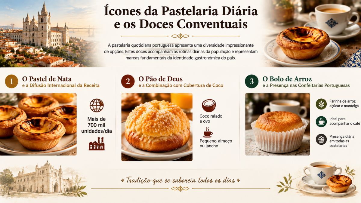 Infográfico sobre a pastelaria diária portuguesa destacando o Pastel de Nata, o Pão de Deus e o Bolo de Arroz.