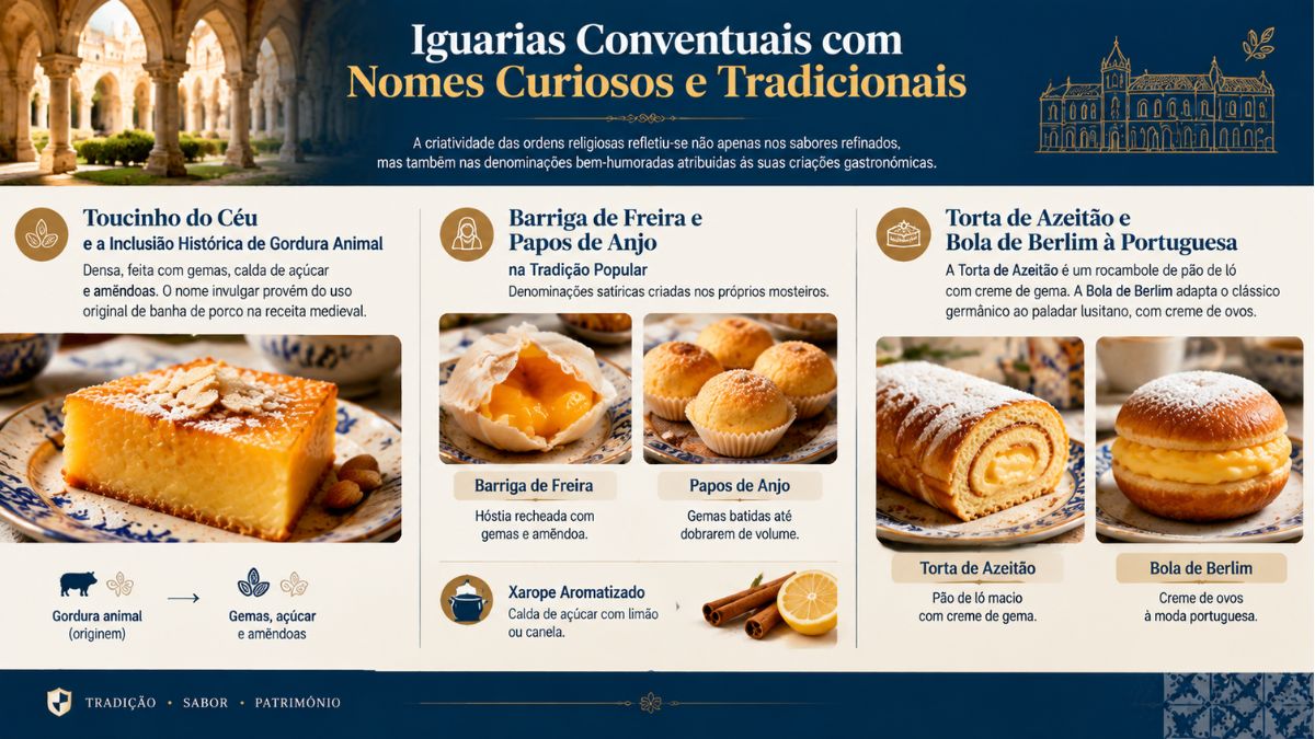 Infográfico sobre iguarias conventuais portuguesas com nomes curiosos destacando toucinho do céu, barriga de freira, papos de anjo, torta de Azeitão e bola de Berlim.