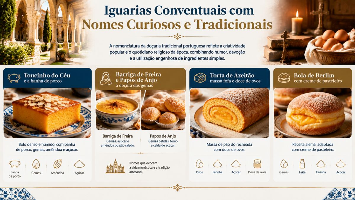 Infográfico informativo sobre iguarias conventuais com nomes curiosos, mostrando Toucinho do Céu, Barriga de Freira, Papos de Anjo, Torta de Azeitão e Bola de Berlim.