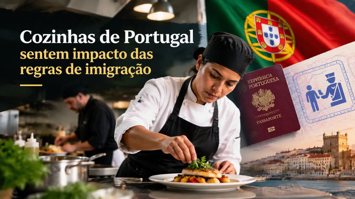 Cozinheira empratando comida em restaurante português ao lado de passaporte de Portugal e ilustração de controle de imigração.