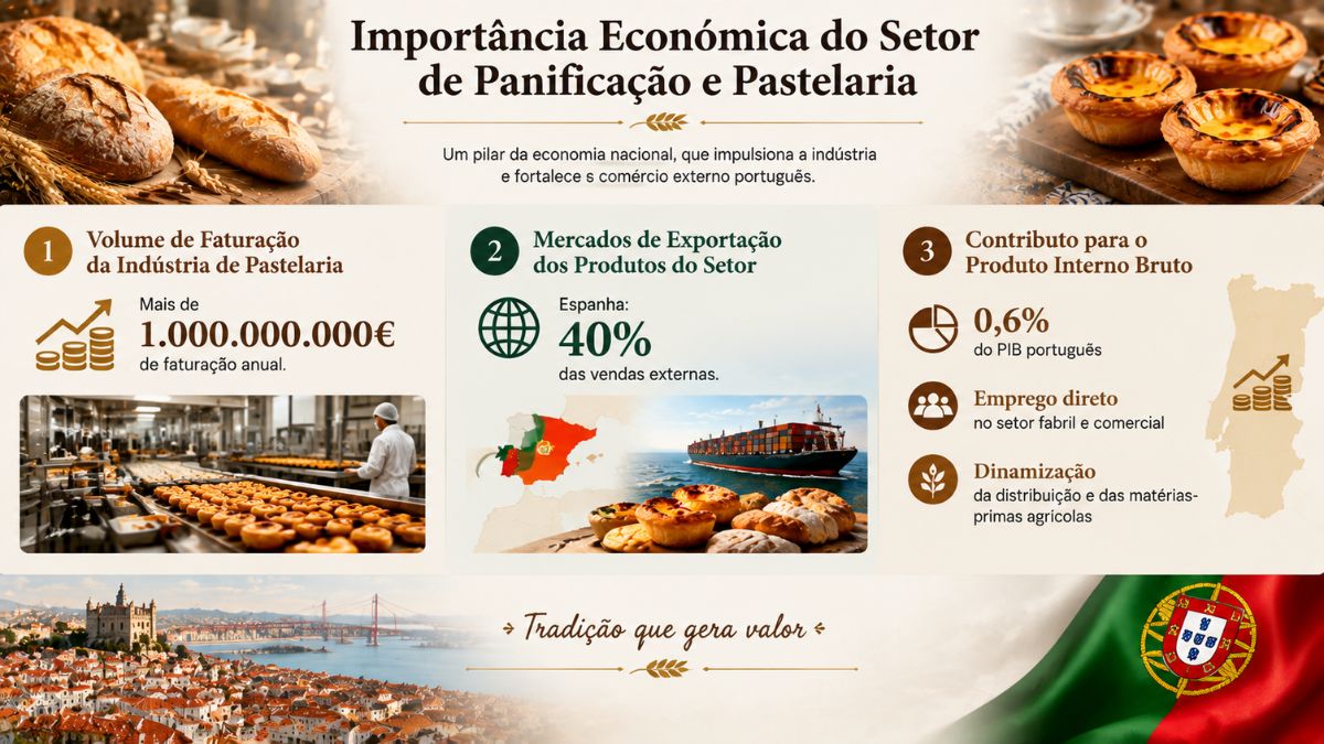 Infográfico sobre a importância económica do setor de panificação e pastelaria em Portugal com indicadores de faturação, exportações e PIB.
