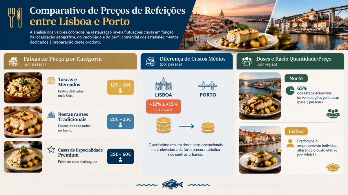 Infográfico comparativo de preços de refeições de bacalhau entre Lisboa e Porto divididos por categoria e dimensão das doses.