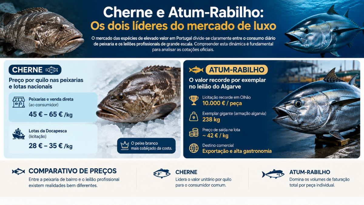 Infográfico com preços do cherne e atum rabilho mostrando cotações em peixarias, lotas da Docapesca e recordes de leilão no Algarve.