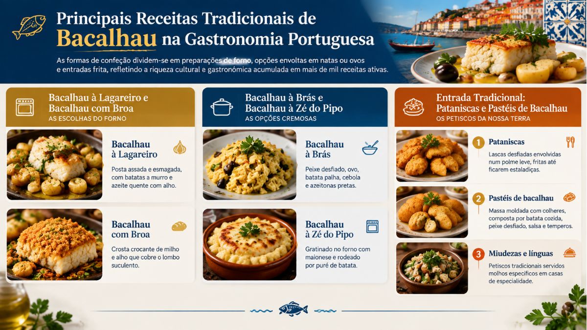 Infográfico com fotos e descrições dos pratos de bacalhau à Lagareiro, com broa, à Brás, à Zé do Pipo, pataniscas e pastéis.