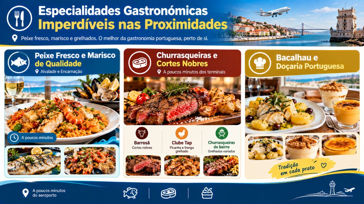 Infográfico com especialidades da culinária portuguesa nas proximidades do aeroporto destacando peixe fresco, churrasco de cortes nobres, bacalhau e doçaria.