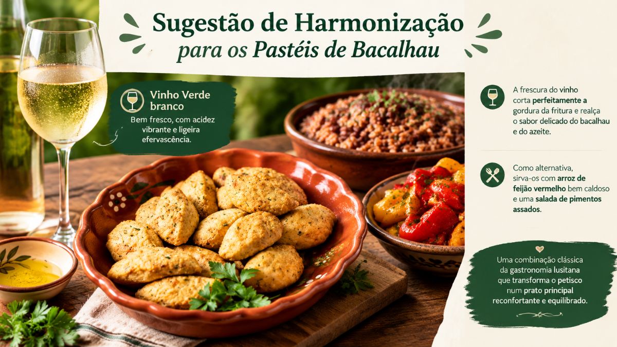 Infográfico de culinária portuguesa com o título Sugestão de Harmonização para os Pastéis de Bacalhau, apresentando uma taça de vinho verde branco bem fresco e um prato rústico com bolinhos de bacalhau e salsa fresca. O gráfico detalha que a acidez vibrante e a ligeira efervescência do vinho verde corta perfeitamente a gordura da fritura e realça o sabor delicado do bacalhau e do azeite. Mostra também taças rústicas com arroz de feijão vermelho bem caldoso e salada de pimentos assados como acompanhamentos alternativos, descrevendo a combinação como uma refeição reconfortante e equilibrada da gastronomia lusitana.