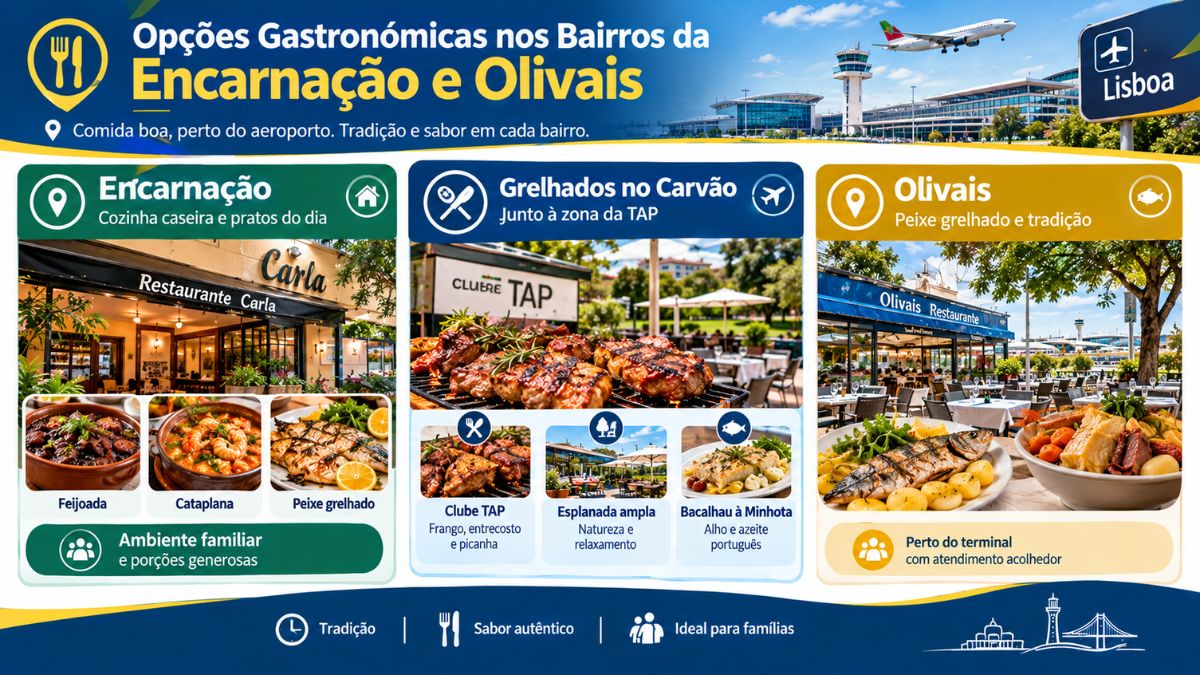 Infográfico com guia de restaurantes nos bairros da Encarnação e Olivais incluindo cozinha caseira, grelhados no carvão e peixe fresco.