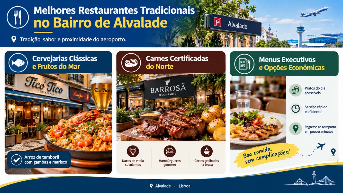 Infográfico com guia gastronómico do bairro de Alvalade destacando marisqueiras, carnes certificadas e menus executivos perto do aeroporto.