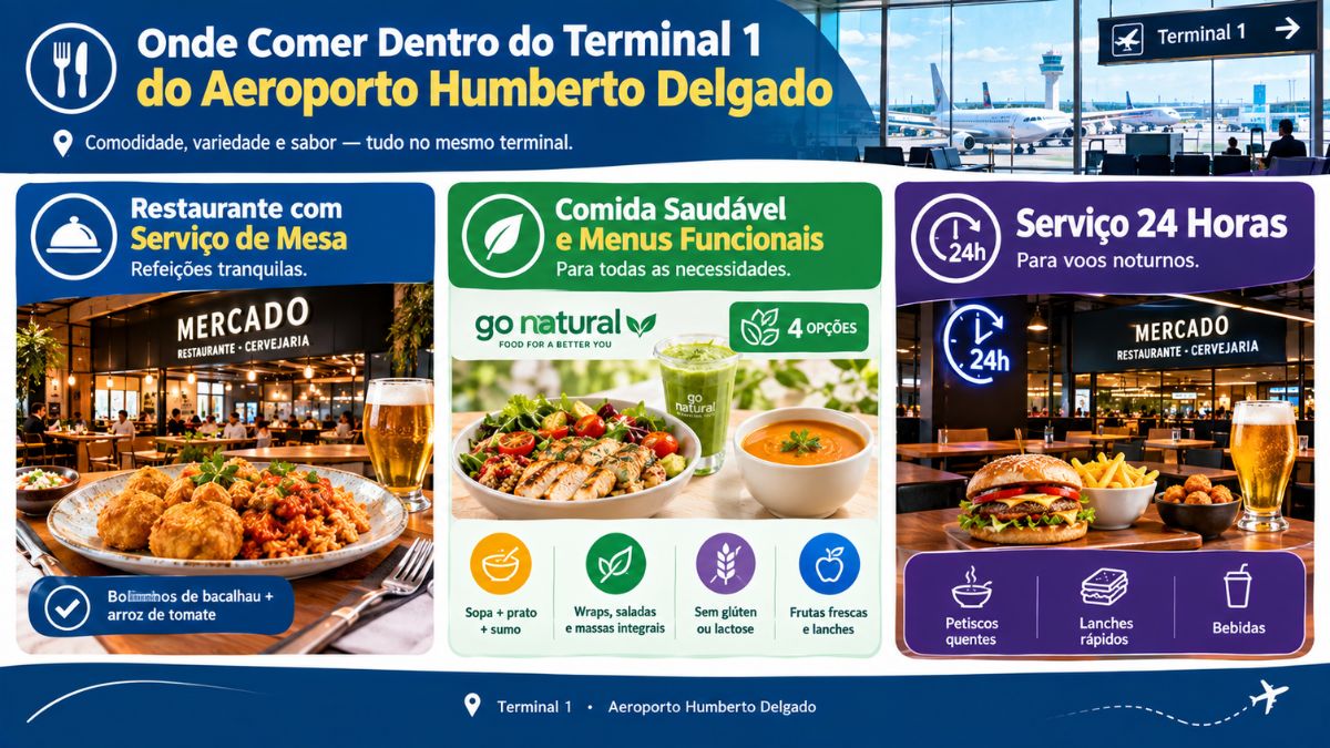Infográfico com guia de restaurantes no Terminal 1 do Aeroporto Humberto Delgado incluindo serviço de mesa, comida saudável e opções 24 horas.