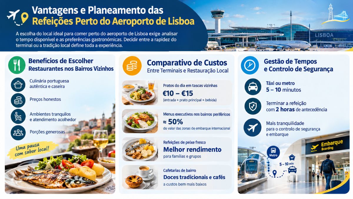 Infográfico explicativo sobre vantagens, comparativo de custos e gestão de tempo para comer nos bairros vizinhos ao Aeroporto de Lisboa.