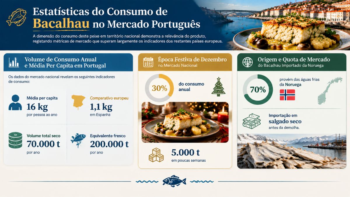 Infográfico com estatísticas do consumo de bacalhau em Portugal mostrando métricas anuais per capita e importação da Noruega.