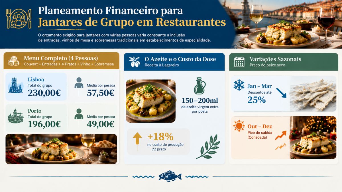 Infográfico com simulação de orçamento para jantares de grupo de bacalhau em restaurantes de Lisboa e Porto com impacto do azeite.