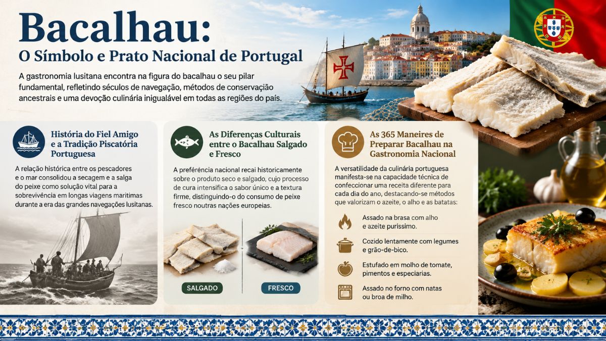 Infográfico explicativo sobre o bacalhau como prato nacional de Portugal, destacando a história da pesca, diferenças entre bacalhau salgado e fresco, métodos de preparação e imagens de receitas tradicionais.