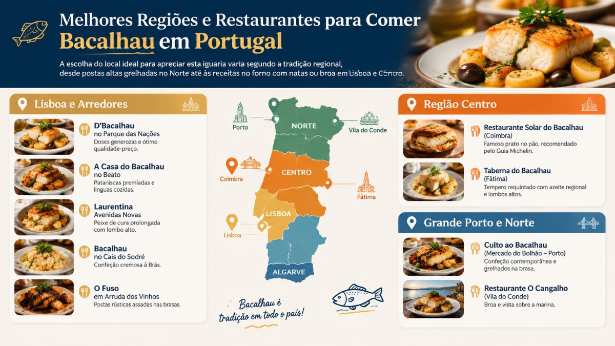 Infográfico com mapa de Portugal indicando as melhores regiões e restaurantes de bacalhau em Lisboa, Coimbra, Fátima e Porto.