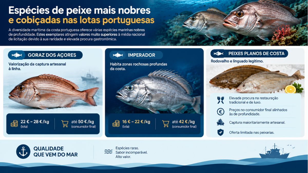 Infográfico com cotações e preços por quilo do goraz dos Açores, imperador, rodovalho e linguado legítimo nas lotas e peixarias em Portugal.