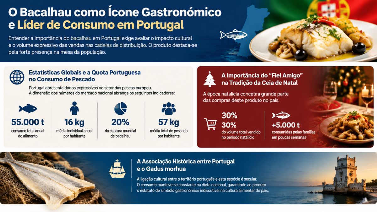 Infográfico explicativo com estatísticas sobre o consumo de bacalhau em Portugal, destacando dados de consumo per capita, quota de mercado e tradição natalícia.