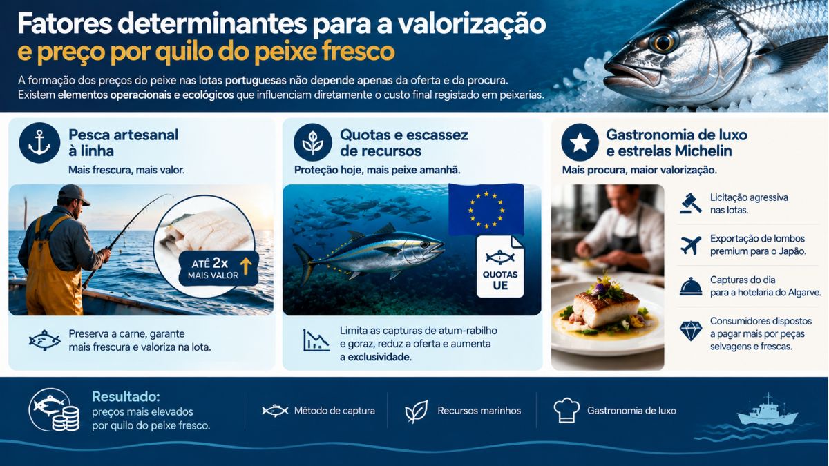 Infográfico com os três fatores que aumentam o preço do peixe fresco nas lotas de Portugal como a pesca artesanal à linha, quotas ecológicas da União Europeia e a restauração de luxo com estrelas Michelin.