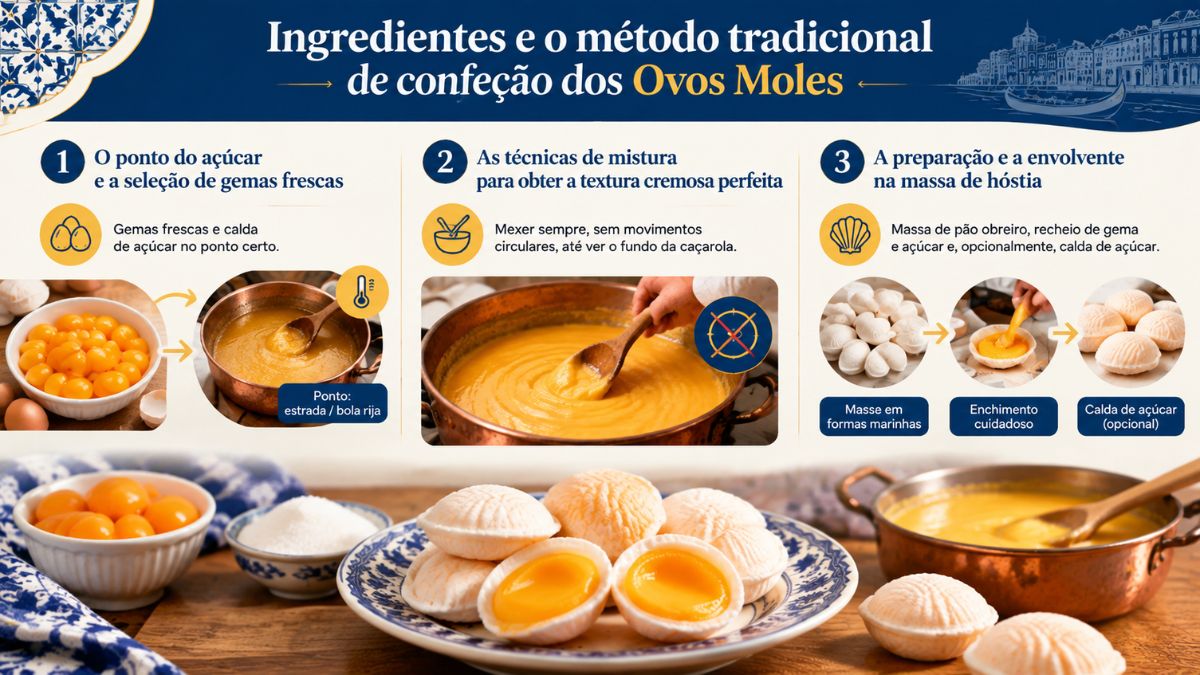 Infográfico explicativo das três etapas de confeção dos ovos moles de Aveiro desde a seleção das gemas até à envolvente na massa de hóstia.
