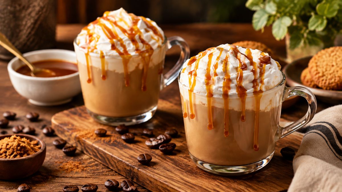 Duas chávenas de vidro transparente contendo latte de caramelo gelado, decoradas com chantilly, calda de caramelo dourada e grãos de café, servidas numa tábua de madeira rústica.