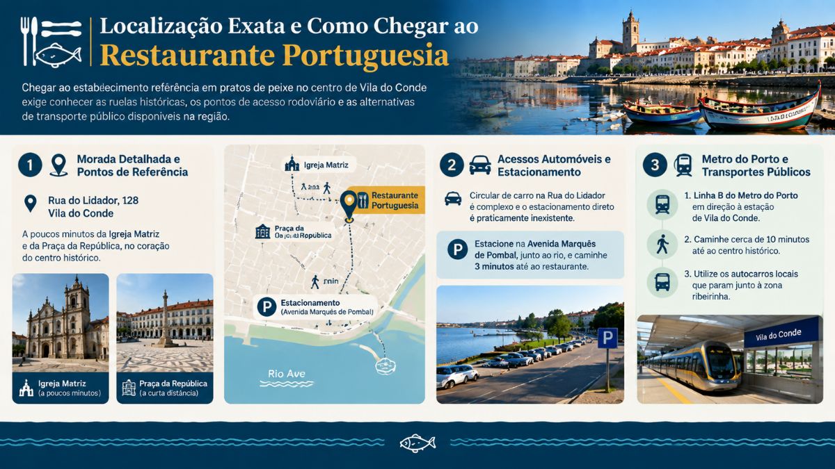 Infográfico com mapa e orientações de como chegar ao Restaurante Portuguesia em Vila do Conde de carro, metro ou autocarro.