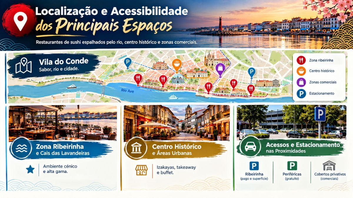 Infográfico com mapa da localização e acessibilidades dos restaurantes de sushi em Vila do Conde na zona ribeirinha e centro histórico.