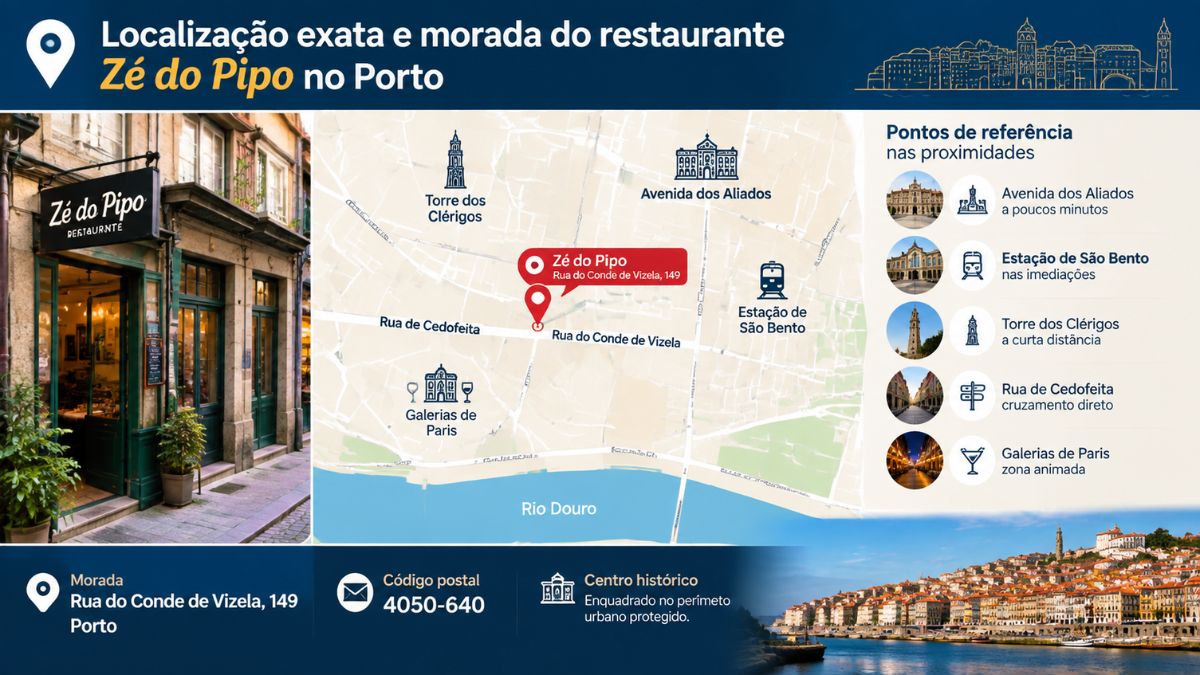 Mapa infográfico com a localização do restaurante Zé do Pipo na Rua do Conde de Vizela no centro histórico do Porto e pontos de referência próximos.