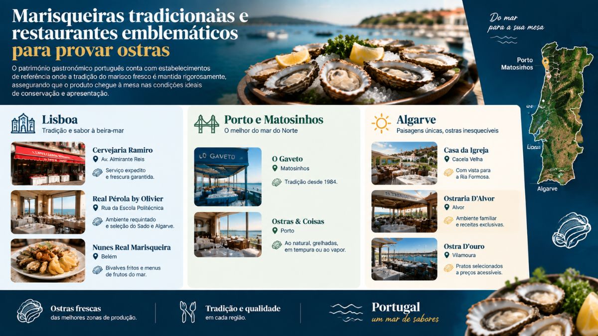 Infográfico com guia de marisqueiras e restaurantes emblemáticos para provar ostras em Lisboa, Porto, Matosinhos e Algarve, incluindo mapa e fotos das fachadas.