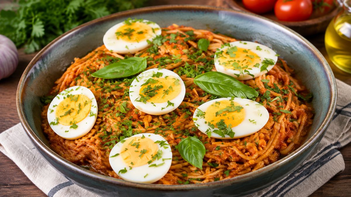 Prato fundo de massa integral com atum fresco em molho de tomate, decorado com rodelas de ovos cozidos, salsa e manjericão.