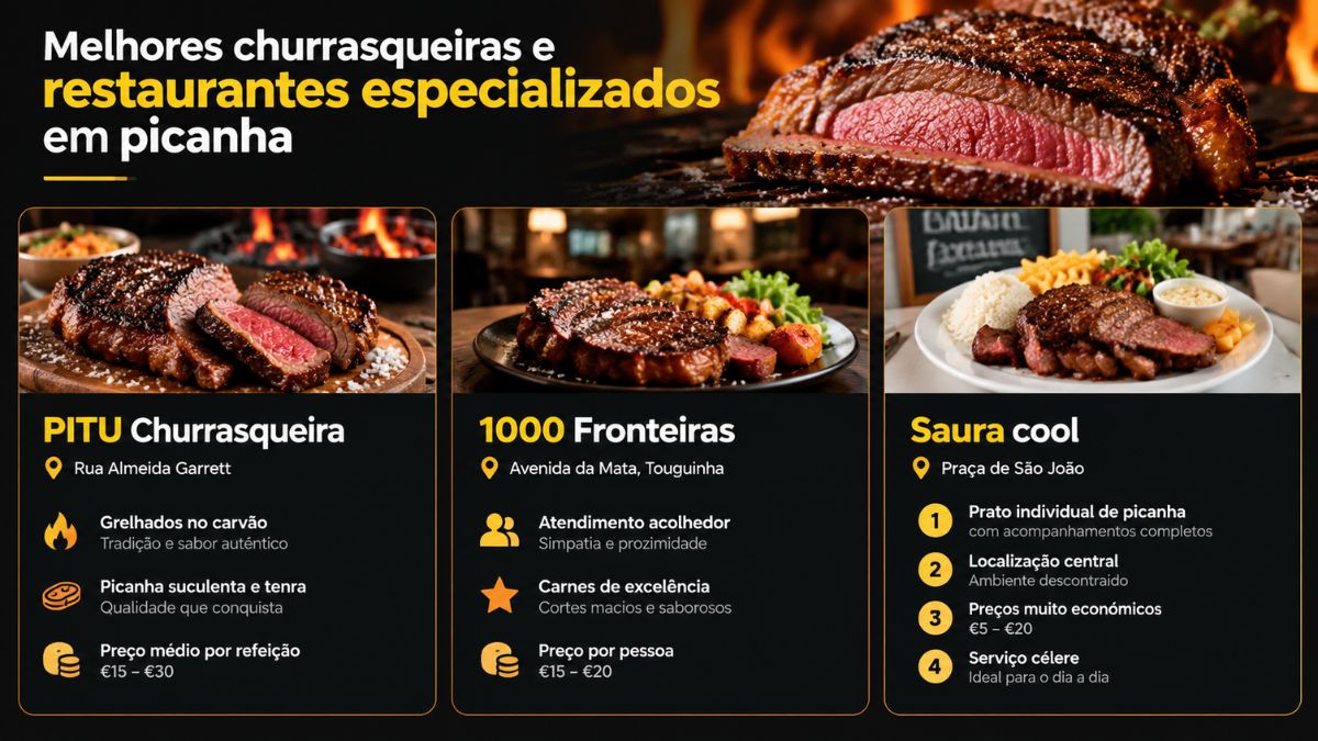 Infográfico dos melhores restaurantes de picanha em Vila do Conde mostrando PITU Churrasqueira, 1000 Fronteiras e Saura cool com pratos suculentos.