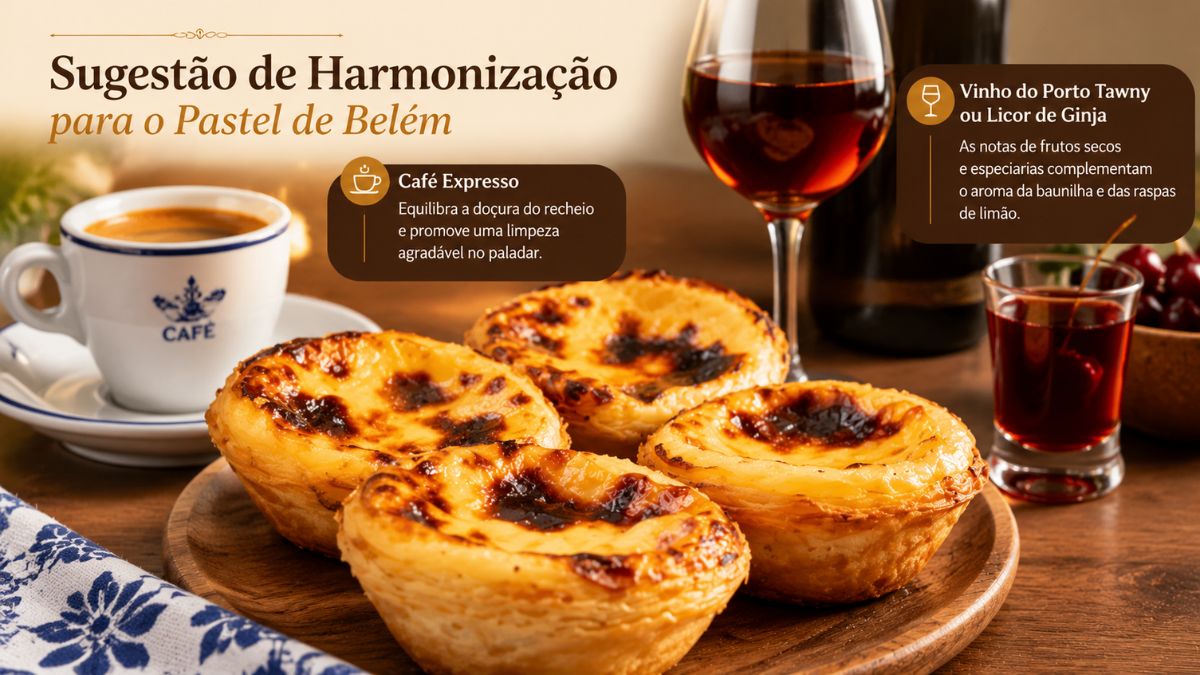 Infográfico com quatro pastéis de Belém dourados sobre tábua de madeira, ao lado de uma chávena de café expresso e copos com vinho do Porto Tawny e licor de Ginja, sugerindo harmonizações culinárias.