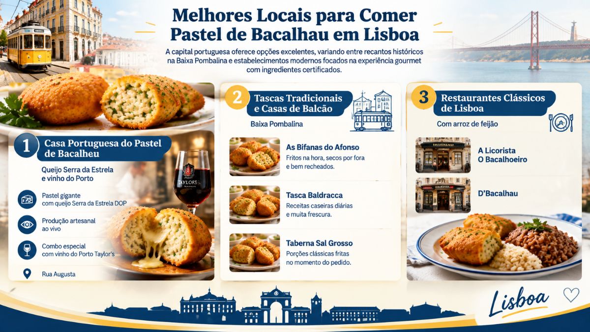 Infográfico com recomendações de onde comer pastel de bacalhau em Lisboa, incluindo casas gourmet e tascas tradicionais na Baixa Pombalina.