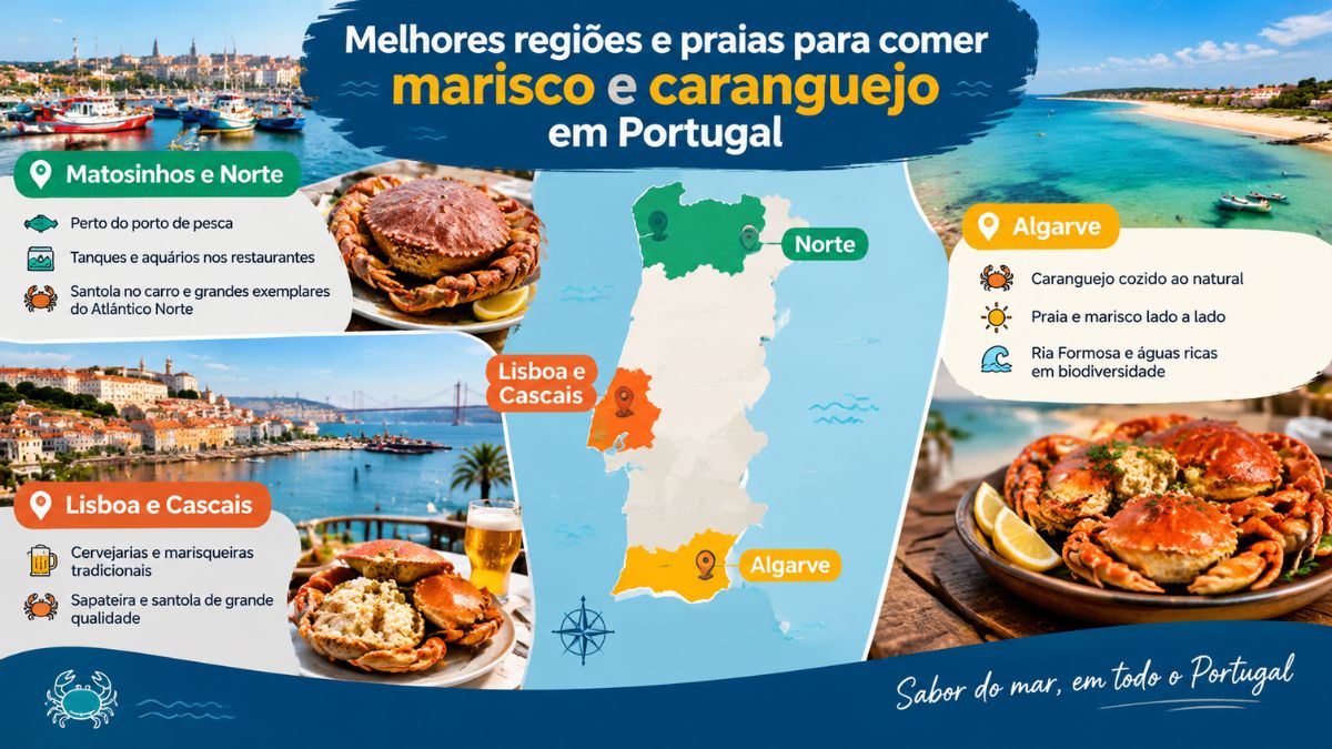 Mapa infográfico de Portugal destacando as regiões de Matosinhos, Lisboa, Cascais e Algarve com pratos de marisco e caranguejo fresco.