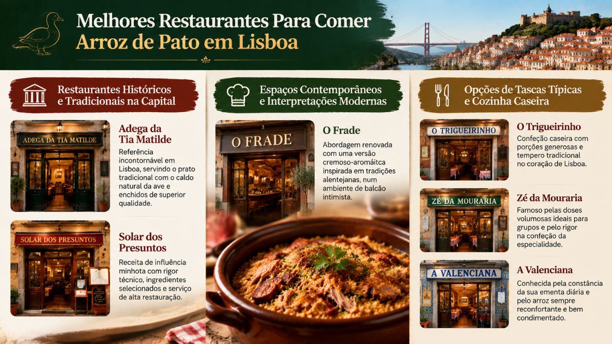 Infográfico com guia de restaurantes em Lisboa para comer arroz de pato, incluindo a Adega da Tia Matilde, Solar dos Presuntos, O Frade, O Trigueirinho, Zé da Mouraria e A Valenciana.