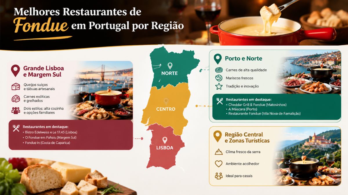 Infográfico com mapa de Portugal dividindo os melhores restaurantes de fondue por regiões como Lisboa, Porto e Norte.