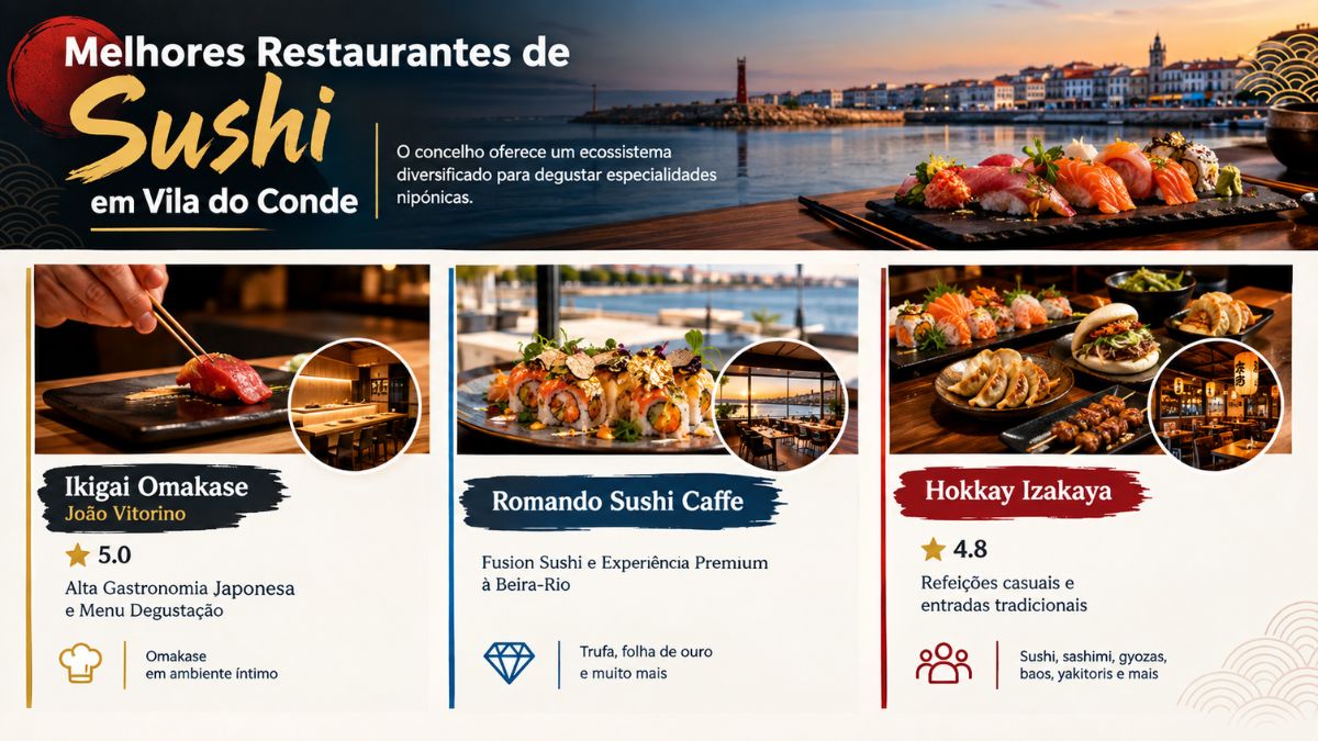 Infográfico com os melhores restaurantes de sushi em Vila do Conde destacando Ikigai Omakase João Vitorino, Romando Sushi Caffe e Hokkay Izakaya.