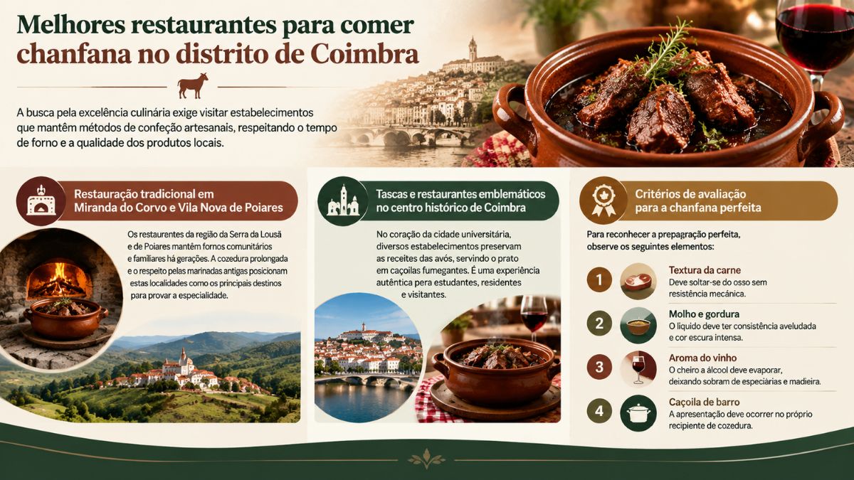 Infográfico sobre os melhores restaurantes para comer chanfana no distrito de Coimbra e critérios de avaliação do prato tradicional.