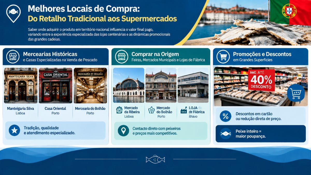 Infográfico com os melhores locais para comprar bacalhau em Portugal incluindo mercearias históricas como Manteigaria Silva e Casa Oriental, mercados municipais da Ribeira e do Bolhão, e promoções em supermercados.