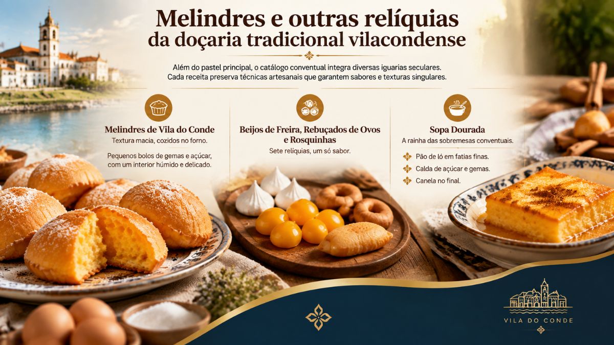 Infográfico com várias relíquias da doçaria conventual de Vila do Conde, destacando os Melindres, Beijos de Freira, Rebuçados de Ovos, Rosquinhas e a Sopa Dourada.