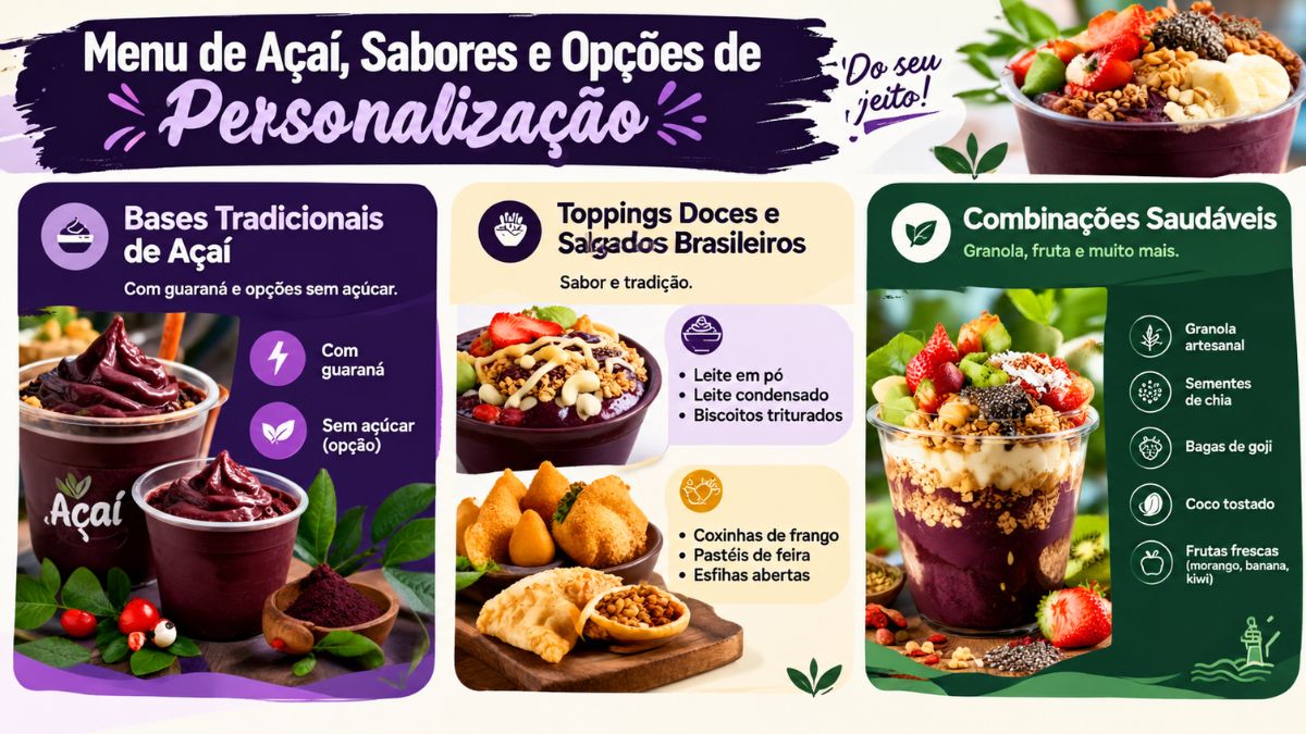 Infográfico com opções de personalização de açaí em Vila do Conde, apresentando bases tradicionais com guaraná, toppings doces, salgados brasileiros e combinações saudáveis com frutas e granola.