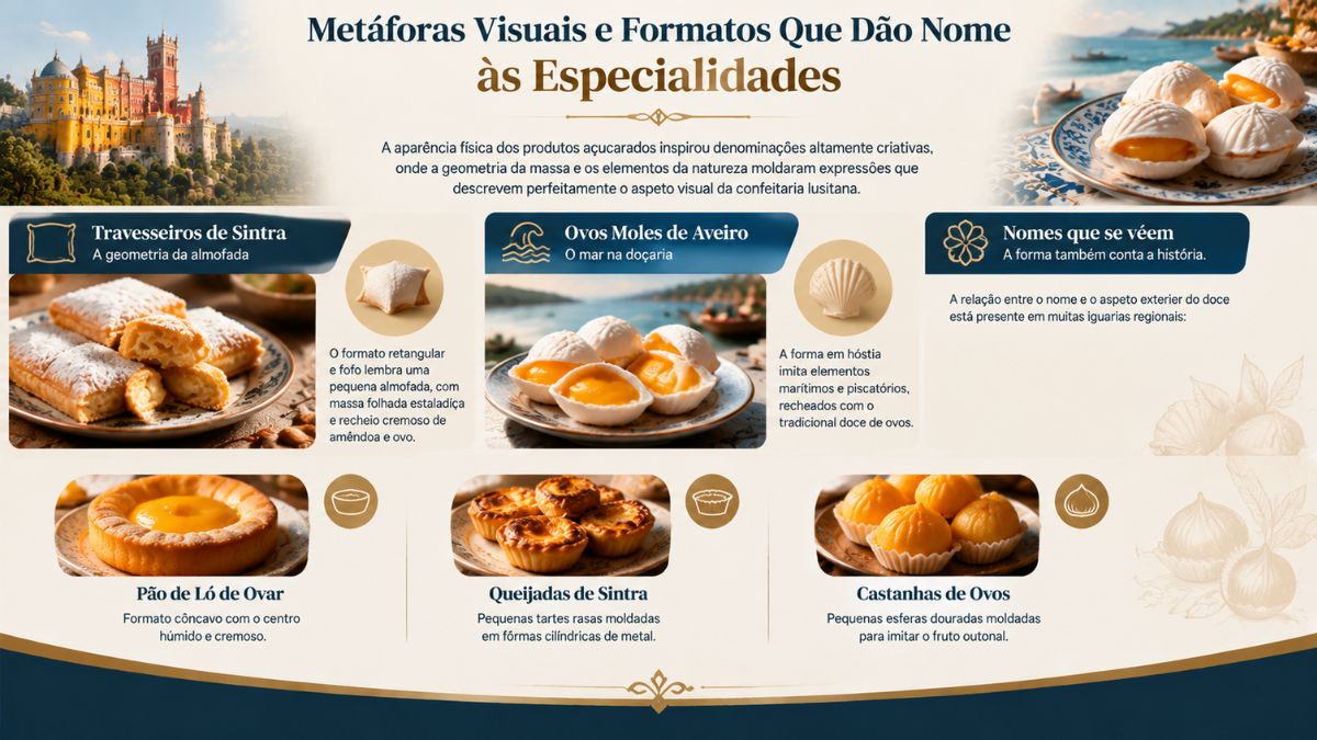 Infográfico sobre a origem dos nomes dos doces portugueses por metáforas visuais, exibindo Travesseiros de Sintra, Ovos Moles de Aveiro, Pão de Ló de Ovar, Queijadas de Sintra e Castanhas de Ovos.