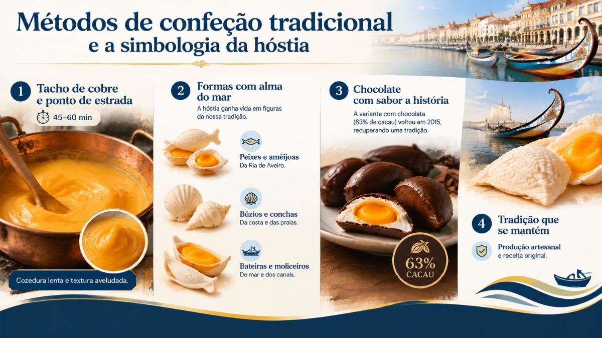 Infográfico detalhando os métodos de confeção dos Ovos Moles de Aveiro, mostrando o tacho de cobre, formatos de hóstia inspirados no mar e a variante coberta com chocolate a sessenta e três por cento de cacau.