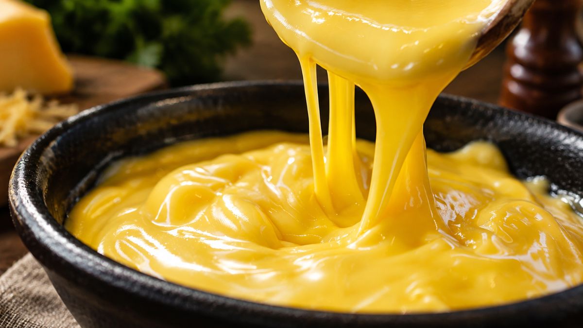 Molho cheddar cremoso a ser servido com colher numa tigela preta rústica, destacando a textura aveludada do queijo derretido.