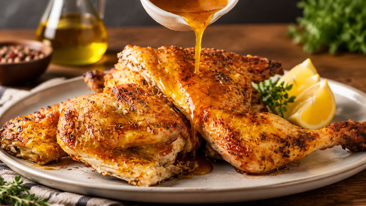Frango grelhado no churrasco servido num prato com molho de azeite, limão e ervas a ser regado por cima.