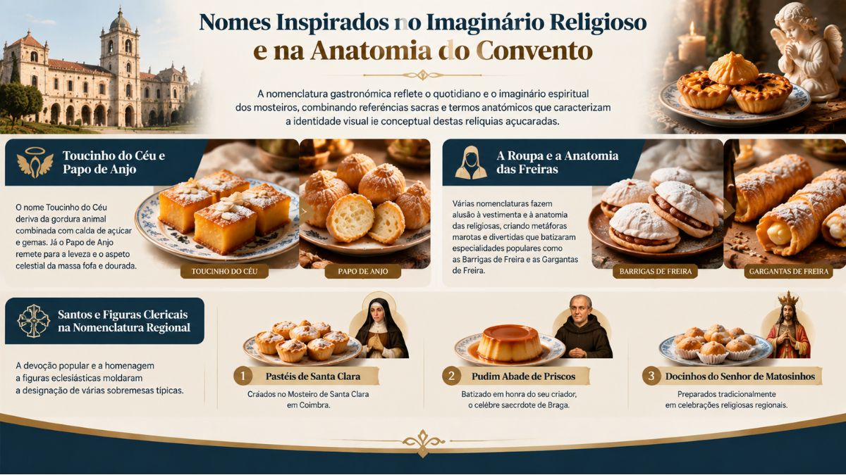 Infográfico sobre nomes religiosos da doçaria portuguesa com fotos de Toucinho do Céu, Papo de Anjo, Barrigas de Freira, Gargantas de Freira, Pastéis de Santa Clara e Pudim Abade de Priscos.