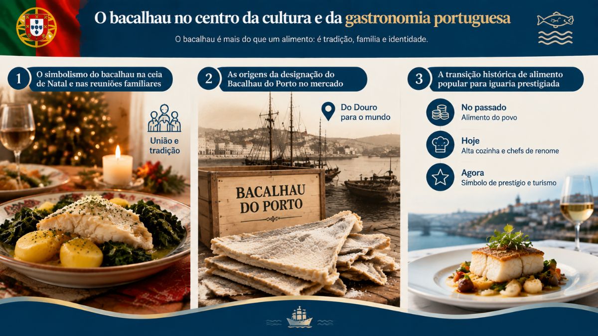 Infográfico sobre a importância cultural do bacalhau em Portugal, destacando a ceia de Natal, a origem do Bacalhau do Porto e a sua evolução gastronómica.