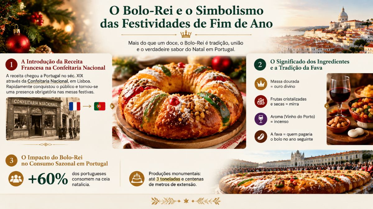 Infográfico explicativo sobre o Bolo-Rei e o seu simbolismo no Natal em Portugal com detalhes históricos e significado dos ingredientes.