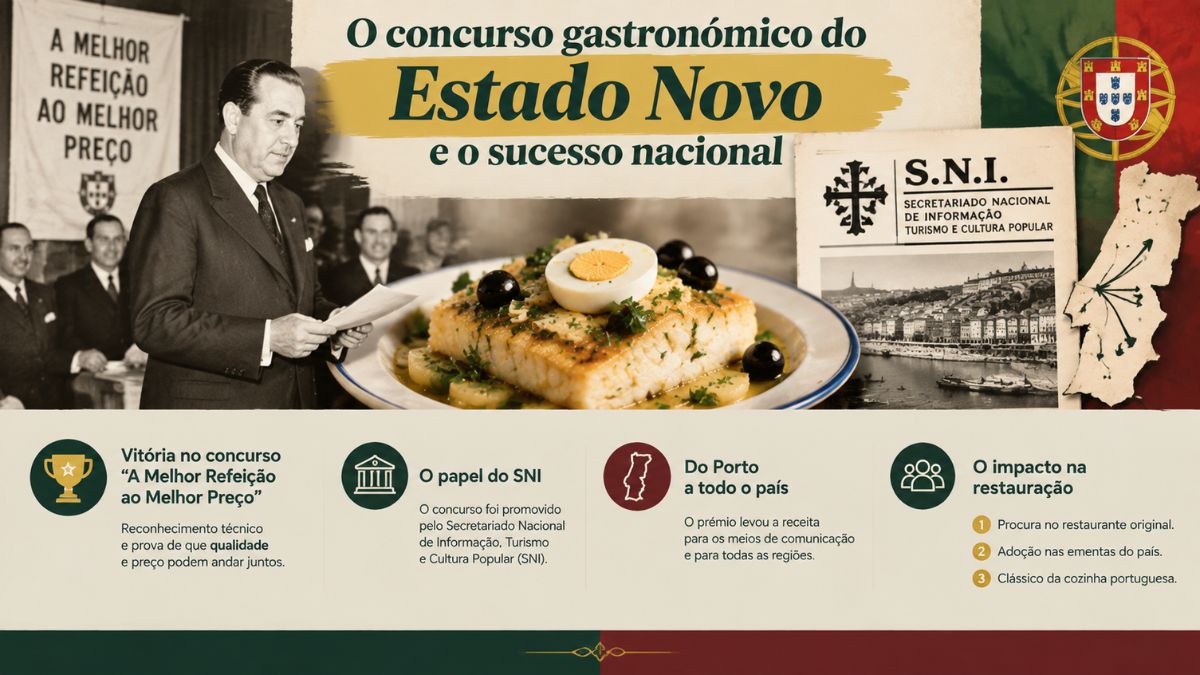 Infografia sobre o concurso gastronómico do Estado Novo que premiou a receita de bacalhau à Zé do Pipo organizada pelo SNI em Portugal.