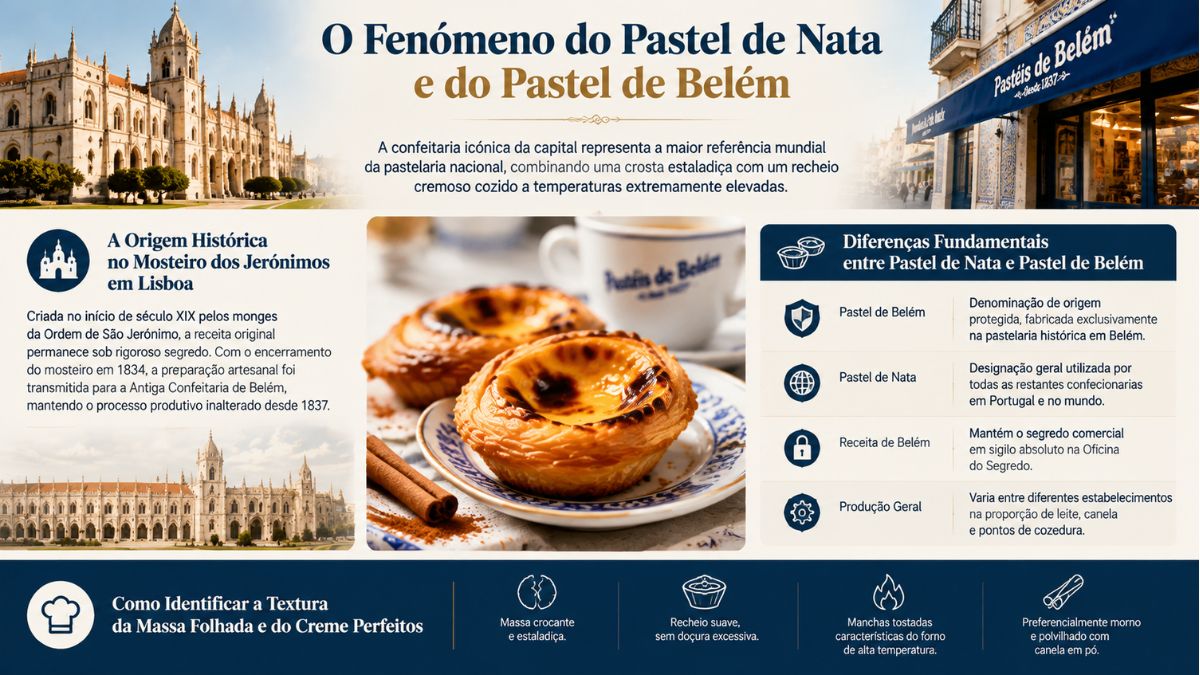 Infográfico sobre a origem do pastel de nata e do pastel de Belém com imagens do Mosteiro dos Jerónimos e confeitaria histórica.