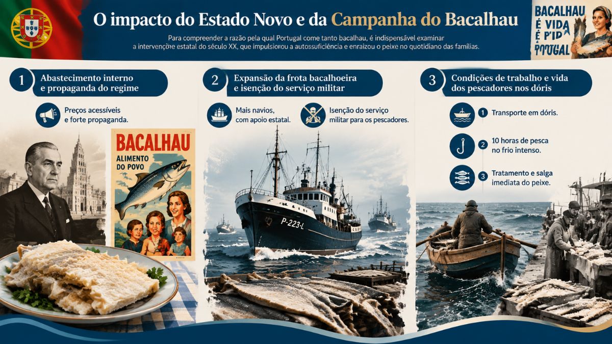 Infográfico sobre a Campanha do Bacalhau no Estado Novo, mostrando cartazes de propaganda, navios bacalhoeiros e pescadores em pequenas embarcações chamadas dóris.