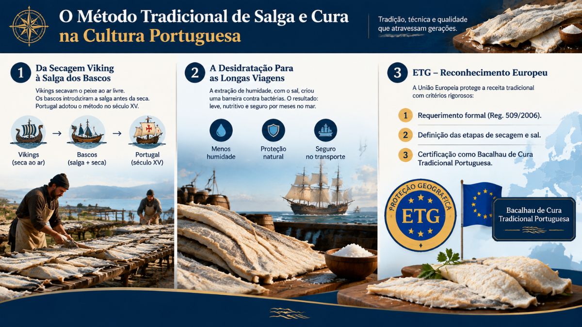 Infográfico sobre o método tradicional de salga e cura do bacalhau em Portugal. A primeira secção mostra a evolução histórica desde a secagem viking ao método basco de salga e à adoção portuguesa no século XV. A segunda secção explica o processo de desidratação para conservação em viagens marítimas. A terceira secção detalha o reconhecimento europeu como Especialidade Tradicional Garantida (ETG) sob a regulamentação comunitária.